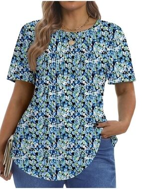 Fantaslook Blue Floral Pintuck Short Sleeve Top Size XL